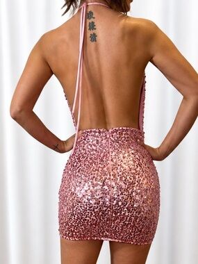 Elegant Monarch Pink Sequin Halter Mini Dress
